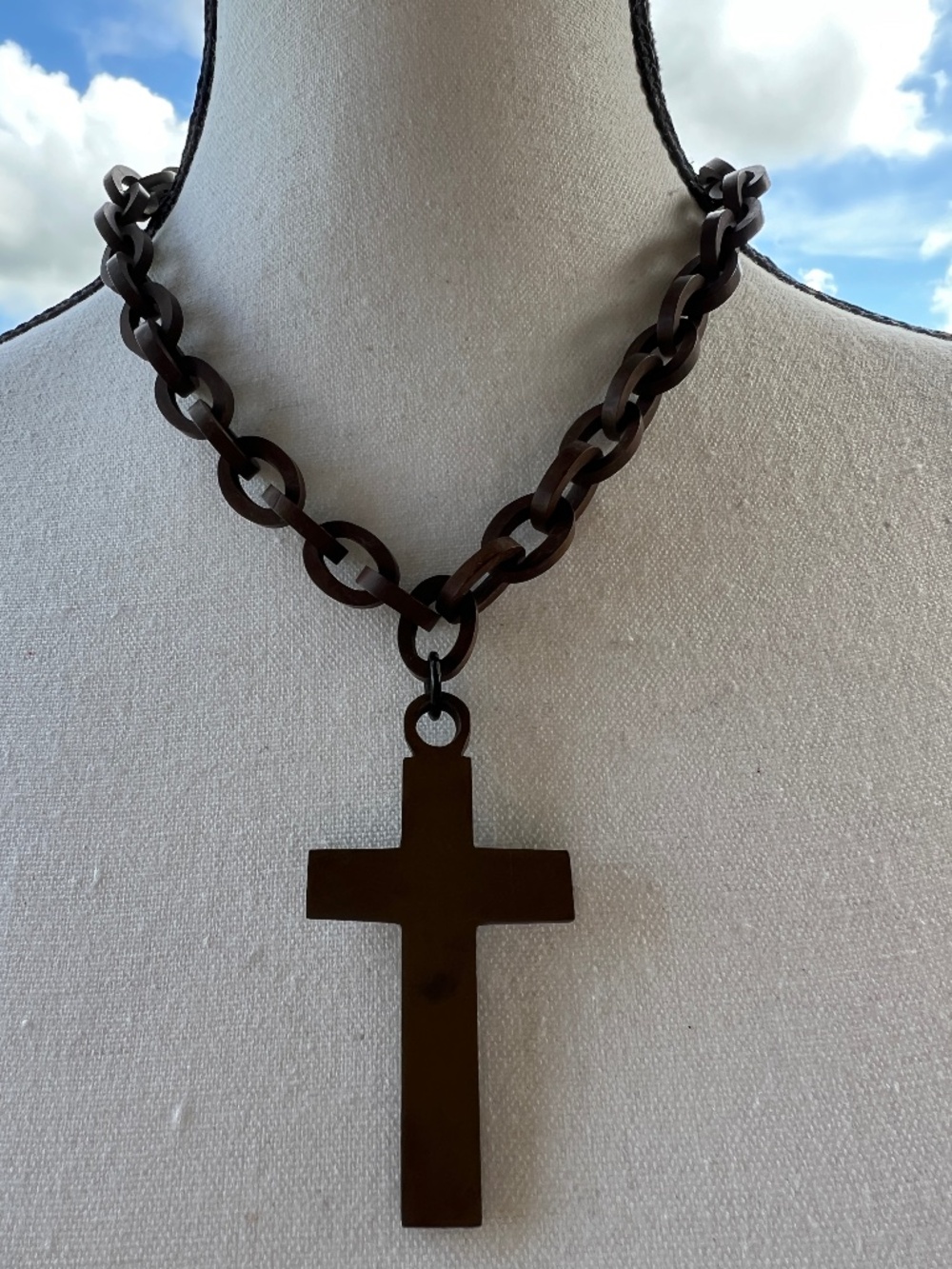 Antique Victorian Vulcanite Cross Necklace 20" Chain c.1870-1890